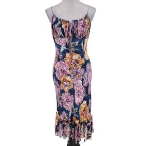 BCBG Max Azria Dress Womens 10 Pink Blue Silk Chiffon Lined Ruched Y2K Vintage